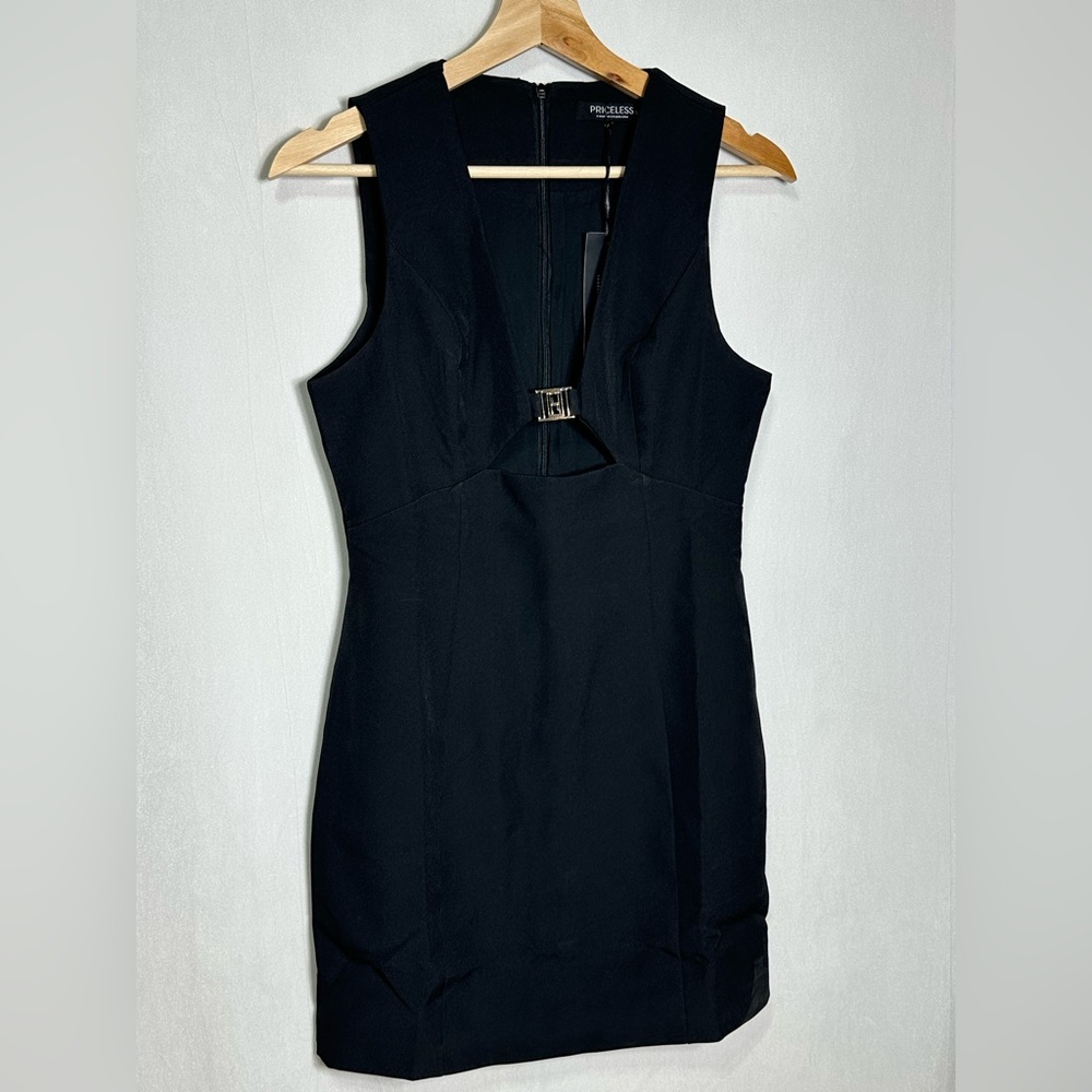 Priceless Black Cutout Mini Dress Gold Hardware V-Neck Sleeveless Cocktail S - Picture 5 of 7